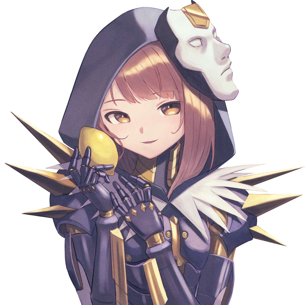 1girl android apex_legends ash_(titanfall_2) ash_(titanfall_2)_(cosplay) brown_eyes brown_hair cosplay fallen_angel_ash food fruit fur-trimmed_hood fur_trim head_tilt holding holding_food holding_fruit hood hood_up lemon mask mask_on_head open_mouth original portrait shimizu_tomoki shirt shoulder_spikes simple_background smile solo spikes white_background white_shirt