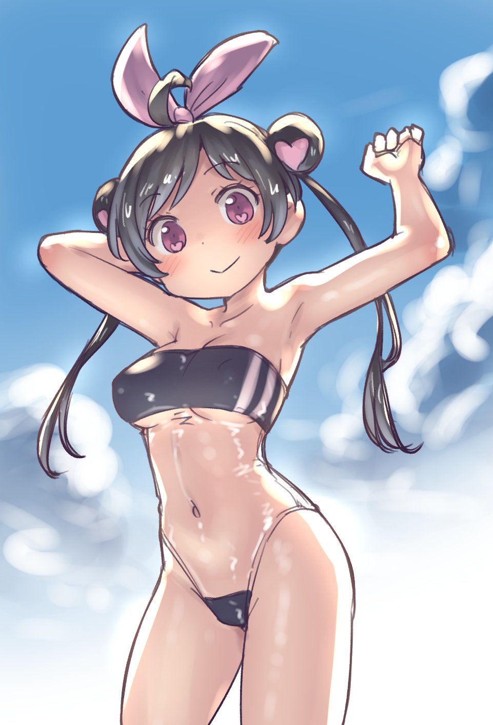1girl aaaa_(quad-a) ahoge arm_behind_head armpits bandeau bikini black_hair borrowed_character breasts commentary_request covered_nipples cowboy_shot double_bun gris_swimsuit hair_bun highres large_breasts lowleg lowleg_bikini meme_attire navel original purple_eyes second-party_source smile solo swimsuit twintails underboob