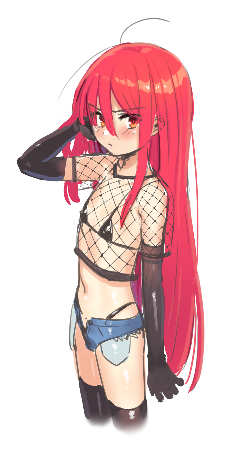 1girl ahoge bikini black_bikini black_gloves black_thighhighs blush elbow_gloves fishnet_shirt flat_chest gloves highres long_hair looking_at_viewer micro_bikini navel ohlia red_eyes red_hair shakugan_no_shana shana shorts simple_background solo swimsuit thighhighs white_background