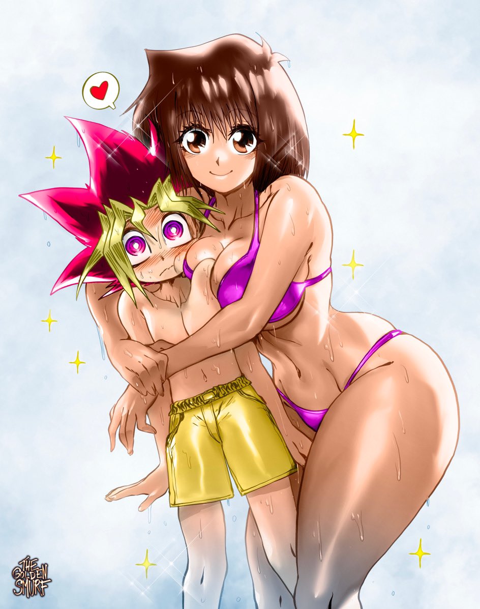 1boy 1girl @_@ alternate_breast_size armpit_crease arms_around_waist ass bare_shoulders bikini blonde_hair blush breasts brown_eyes brown_hair cheek-to-breast cleavage collarbone feet_out_of_frame flustered heart hug huge_ass large_breasts male_swimwear mazaki_anzu midriff multicolored_hair mutou_yuugi navel panties pink_hair purple_bikini purple_eyes purple_panties short_hair signature size_difference skindentation smile sparkle sparkle_background spiked_hair spoken_heart stomach swimsuit the_golden_smurf touching_another's_crotch underwear wet wet_clothes wet_face wet_hair wet_swimsuit wide_hips yellow_male_swimwear yu-gi-oh!