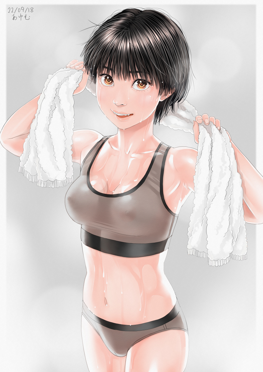 1girl arms_up bangs black_hair breasts check_commentary collarbone commentary commentary_request covered_nipples grey_background highres holding holding_towel lips looking_at_viewer medium_breasts navel original parted_lips short_hair smile sports_bra sportswear stomach sweat towel towel_around_neck wet yellow_eyes zenkou