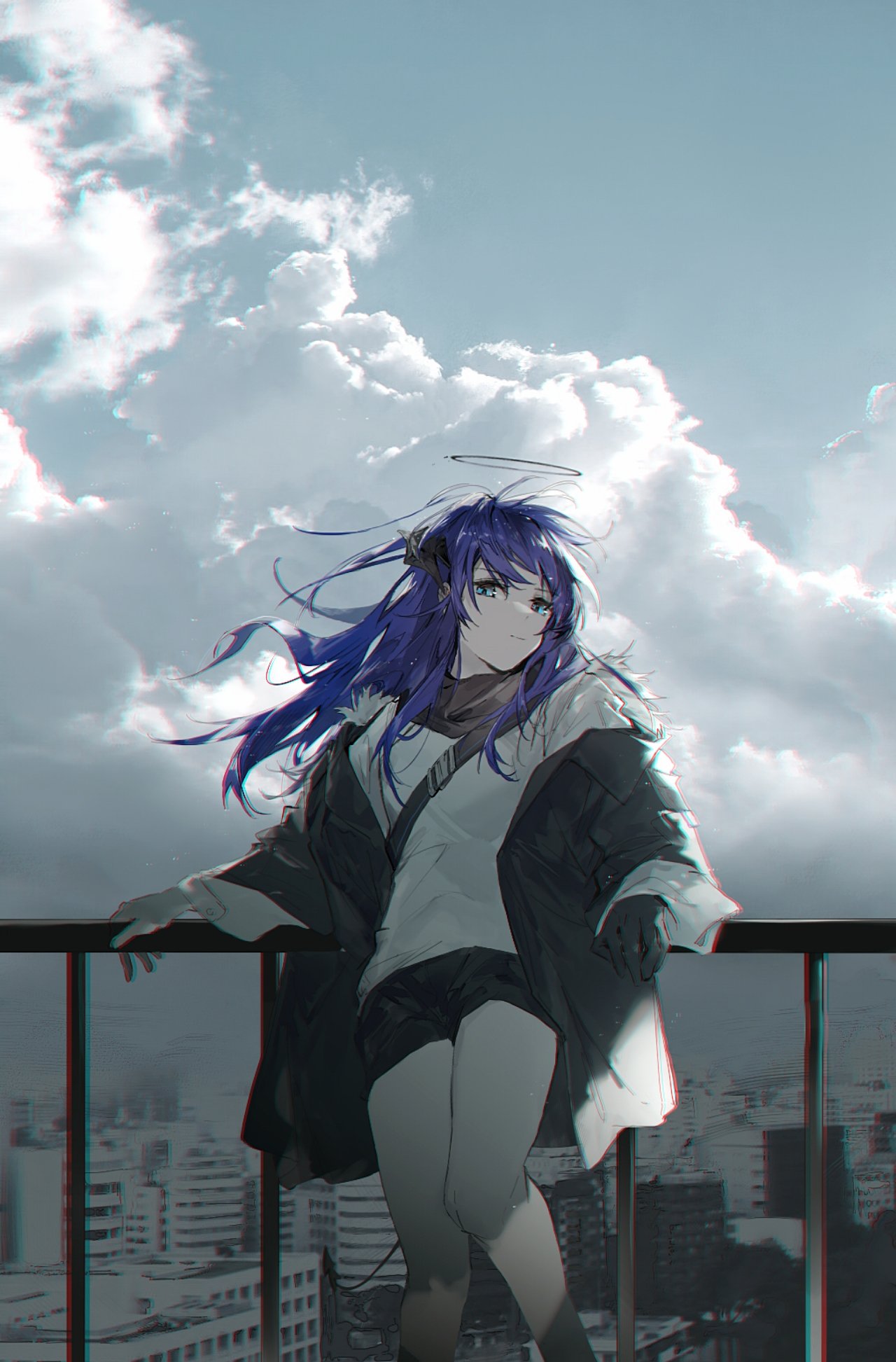 1girl against_railing arknights asymmetrical_gloves bare_legs black_coat black_gloves black_scarf black_shorts blue_eyes blue_hair cheonyeon-hi city closed_mouth cloud coat day demon_girl demon_horns demon_tail feet_out_of_frame gloves halo highres horns long_hair long_sleeves looking_at_viewer mismatched_gloves mostima_(arknights) open_clothes open_coat outdoors photo_background railing scarf shirt short_shorts shorts solo standing tail white_gloves white_shirt