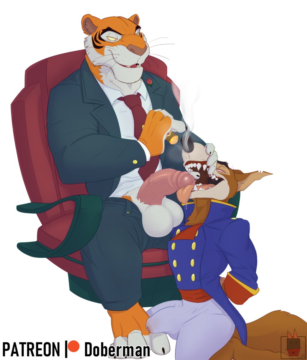 anthro balls bulge canid canine canis disney don_karnage duo felid genitals hi_res humanoid_genitalia humanoid_penis linkin_monroe male male/male mammal oral pantherine penis shere_khan simple_background sitting talespin tiger white_background wolf