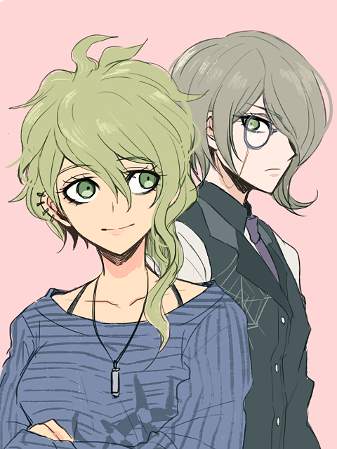 1boy 1girl amami_rantarou bad_id bad_pixiv_id bangs black_vest breasts buttons closed_mouth collarbone crossed_arms danganronpa_(series) danganronpa_v3:_killing_harmony ear_piercing genderswap genderswap_(ftm) genderswap_(mtf) green_hair hair_between_eyes jewelry long_hair long_sleeves medium_breasts messy_hair monocle necklace necktie noko_(artist) piercing pink_background shiny shiny_hair shirt simple_background smile striped striped_shirt toujou_kirumi vest