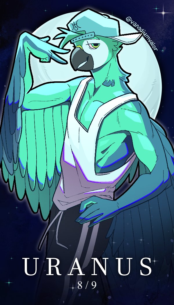 2022 anthro avian beak biped bird bottomwear clothed clothing cosmic_background digital_media_(artwork) feathers fully_clothed green_body green_eyes green_feathers looking_at_viewer macaw male multicolored_body neotropical_parrot pants parrot shaded shirt side_view signature solar_house solo spix's_macaw standing sweatpants tank_top text topwear true_parrot uranus_(solar_house) vanadiumvalor