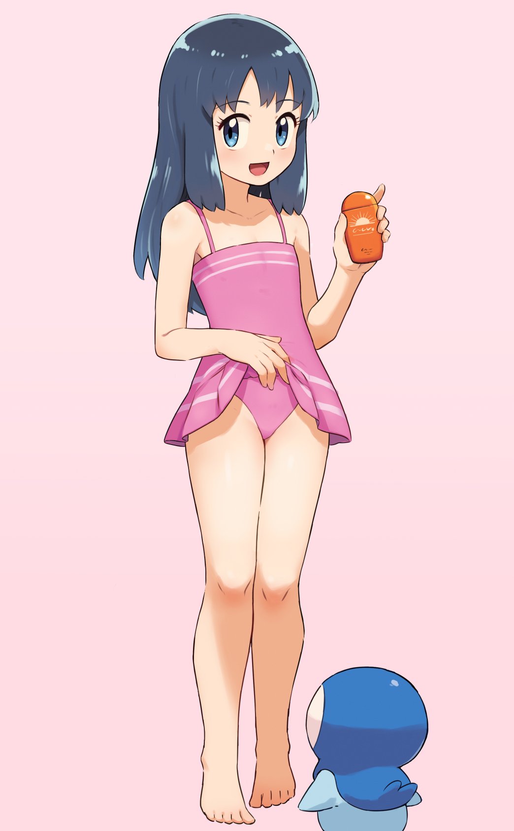 barefoot blue_eyes blue_hair chiwino collarbone dawn_(pokemon) dress_swimsuit flat_chest highres lotion pink_one-piece_swimsuit piplup pokemon sidelocks simple_background smile sunscreen swimsuit