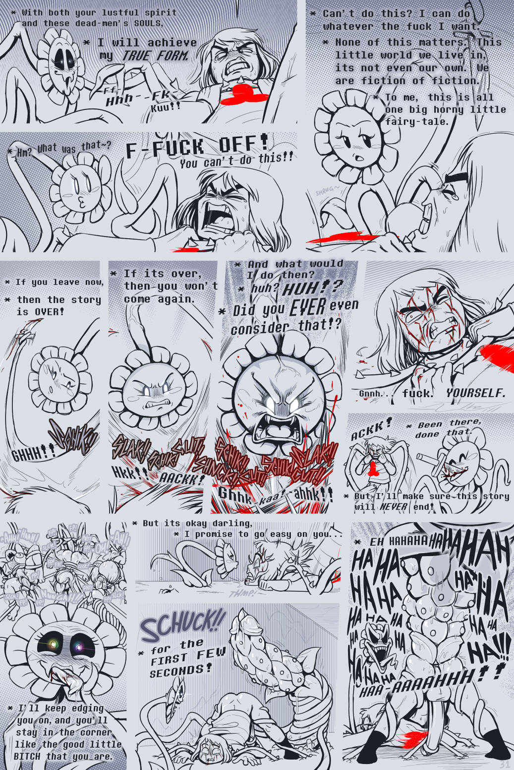 alphys alternate_universe asphyxiation ass_up blood blush bodily_fluids boss_monster bovid caprine choking crossgender cutting elemental_creature english_text female flora_fauna flowey_the_flower forced frisk_(undertale) frisky_(under(her)tail) glowing glowing_eyes goat group hi_res human humanoid imminent_rape kissy_face knife laugh licking_blood lizard male mammal marine peddles phallic_looking plant prodding profanity rape reptile scalie sex sharp_teeth swallowing sweat tears teeth tentacle_sex tentacles text thewill thorns tied_down tongue toriel tutori under(her)tail undertale undertale_(series) undyne vein video_games vines wounded yelling