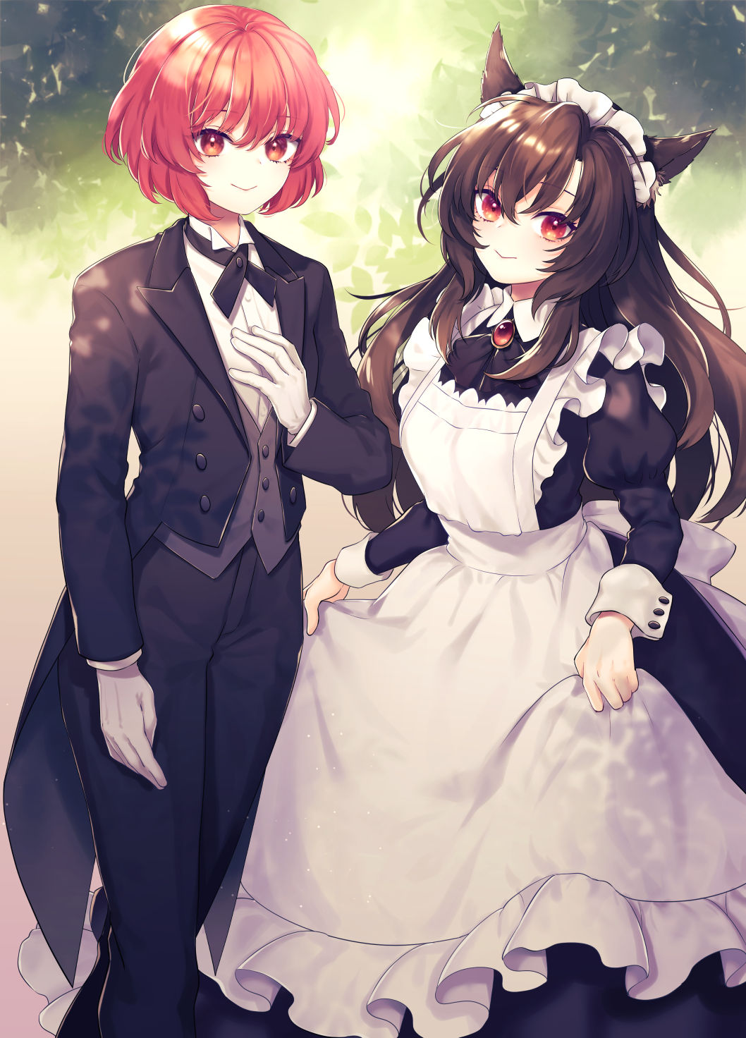 2girls animal_ears apron apron_lift black_pants black_vest butler commentary_request commission female_butler frilled_apron frills gloves highres horikawa_raiko imaizumi_kagerou long_hair long_sleeves looking_at_viewer maid_headdress multiple_girls pants red_eyes red_hair skeb_commission smile tomobe_kinuko touhou vest white_apron white_gloves wolf_ears wrist_cuffs