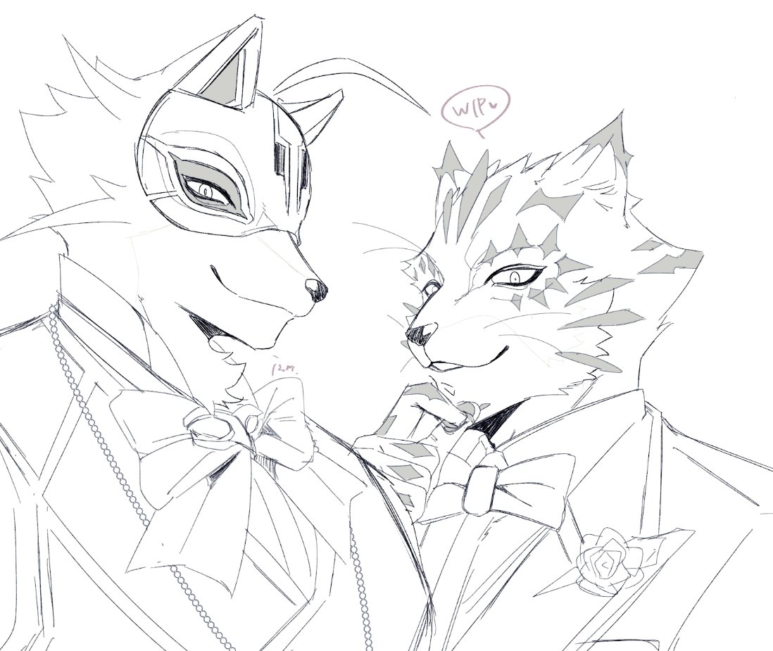 ahoge anthro bow_tie bust_portrait canid canine clothing duo felid fox hair izm_rm7 leopard lifewonders live-a-hero male mammal mask necktie ose_(tas) pantherine phantom_thief portrait sketch suit tokyo_afterschool_summoners video_games vulpecula