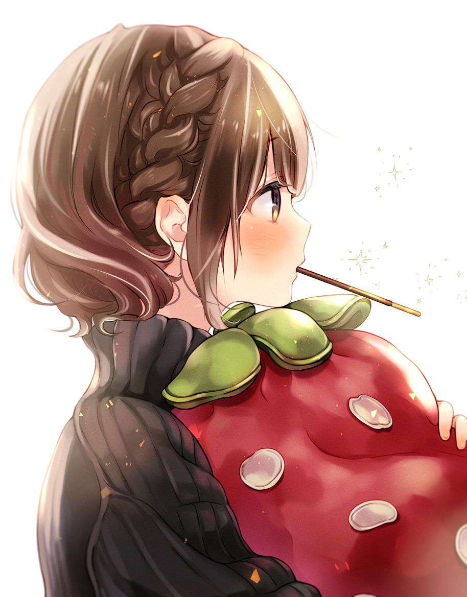 1girl black_sweater blush braid breasts brown_hair commentary_request food food_in_mouth from_side holding holding_pillow kuga_tsukasa mouth_hold original pillow pocky pocky_in_mouth profile short_hair simple_background solo strawberry_pillow sweater turtleneck turtleneck_sweater upper_body white_background yellow_eyes
