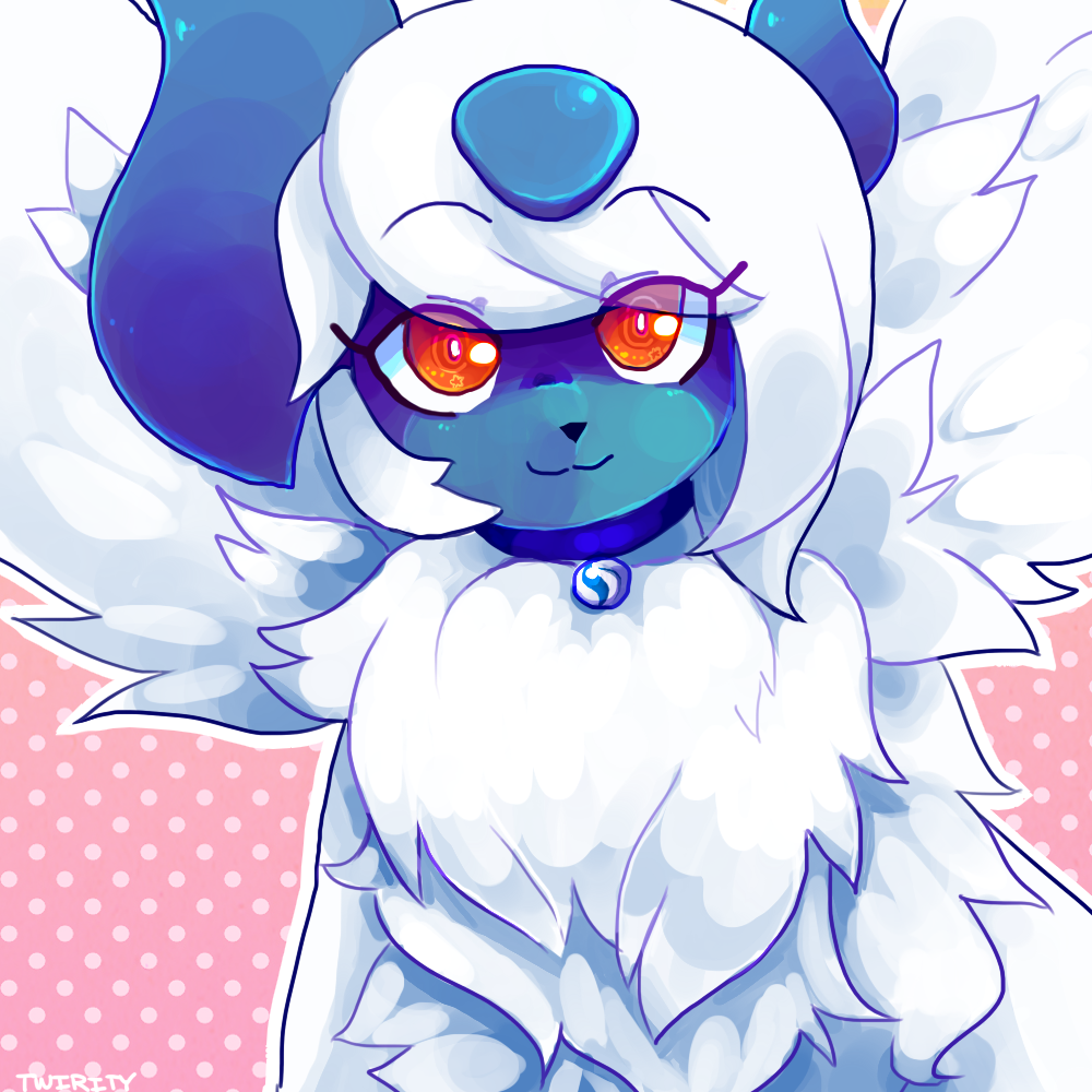 :3 absol animal_focus artist_name bad_deviantart_id bad_id bangs bright_pupils closed_mouth collar commentary english_commentary eyes_visible_through_hair feathered_wings fluffy fur_collar happy leshenz looking_at_viewer mega_absol mega_pokemon mega_stone no_humans outline pink_background pokemon pokemon_(creature) polka_dot polka_dot_background red_eyes sidelocks signature simple_background smile solo split_mouth swept_bangs upper_body white_hair white_outline white_pupils white_wings wings