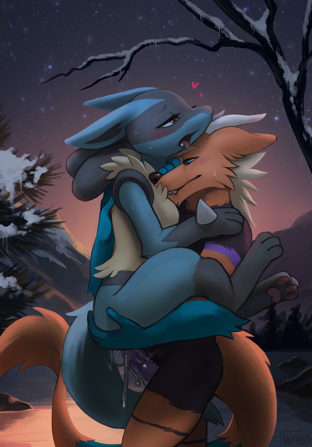 &lt;3 2018 3_fingers 3_toes ambiguous_penetration anthro anthro_on_anthro biting_lip blue_eyes blue_fur blush canid canine canis cum cum_drip cum_inside detailed_background dragon dripping duo ejaculation erection female fur haychel hybrid knot looking_pleasured love lucario male male/female mammal mountain nature night nintendo open_mouth orange_fur outside pawpads penetration pok&eacute;mon pok&eacute;mon_(species) red_eyes romantic romantic_couple scenic side_view sky snow star starry_sky sweat teeth thantos toes tree video_games wolf yellow_fur