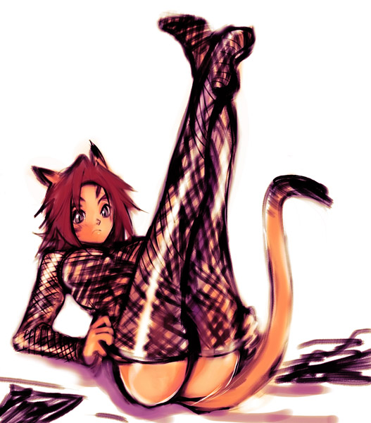 animal_ears cat_ears cat_tail fishnets laying_down legs_up lying mithra pantyhose tail