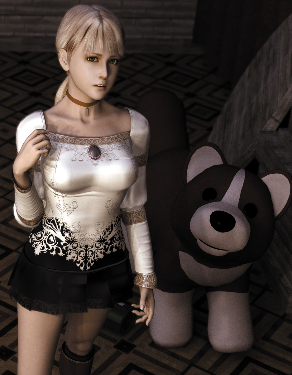 3d blonde_hair blouse boots capcom choker demento dog fiona_belli green_eyes haunting_ground hewie highres miniskirt niioka pigtail ponytail skirt stuffed_animal stuffed_toy