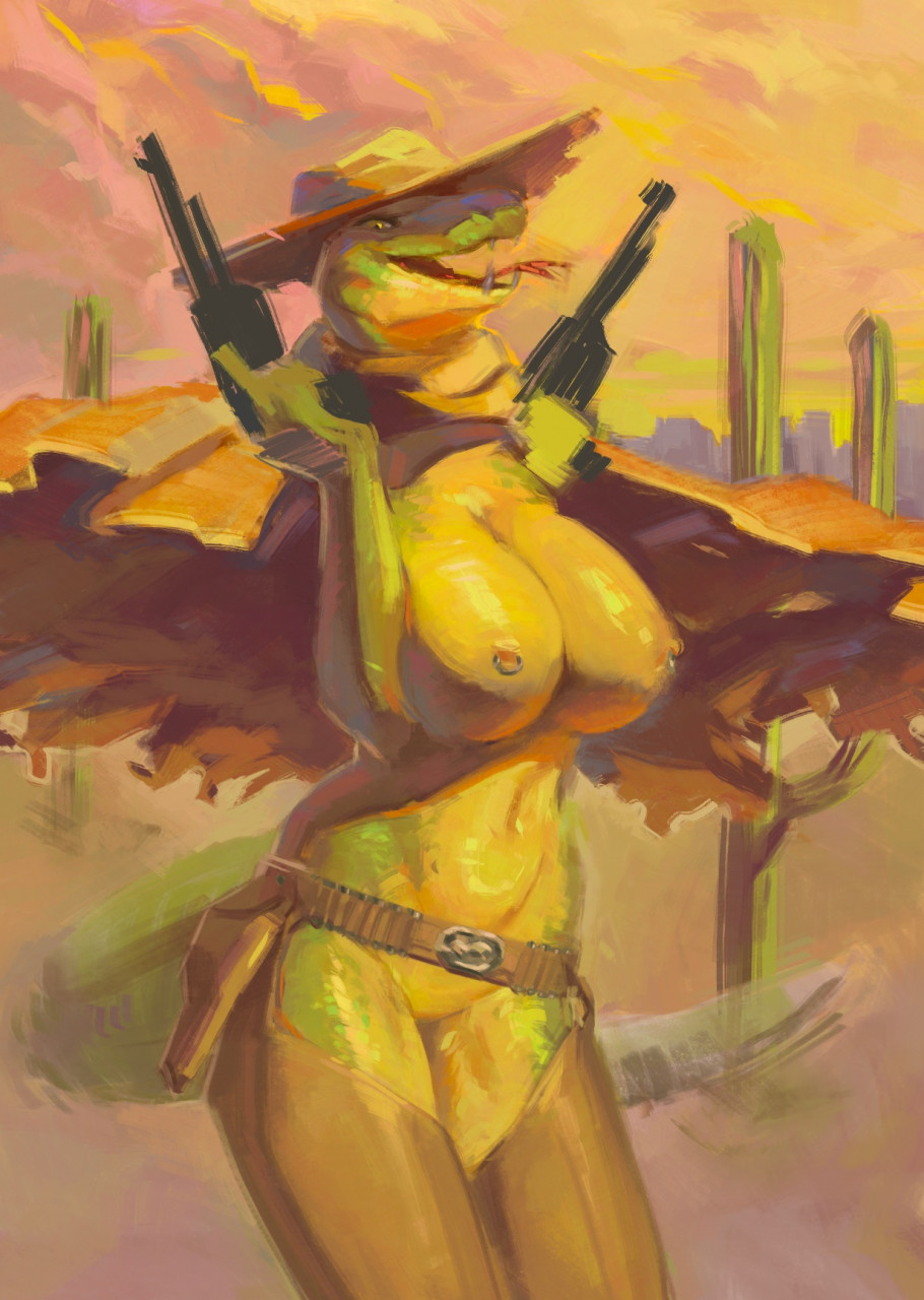 anthro big_breasts breasts cactus cape chaps clothed clothing cowboy cowboy_hat cowboy_outfit fangs featureless_crotch female forked_tongue green_body green_scales gun gun_holster handgun hat headgear headwear hi_res holding_gun holding_handgun holding_object holding_pistol holding_weapon neracoda nipple_piercing nipples non-mammal_breasts outside piercing pistol plant ranged_weapon reptile scales scalie snake solo sunset tongue tongue_out topless weapon wild_west
