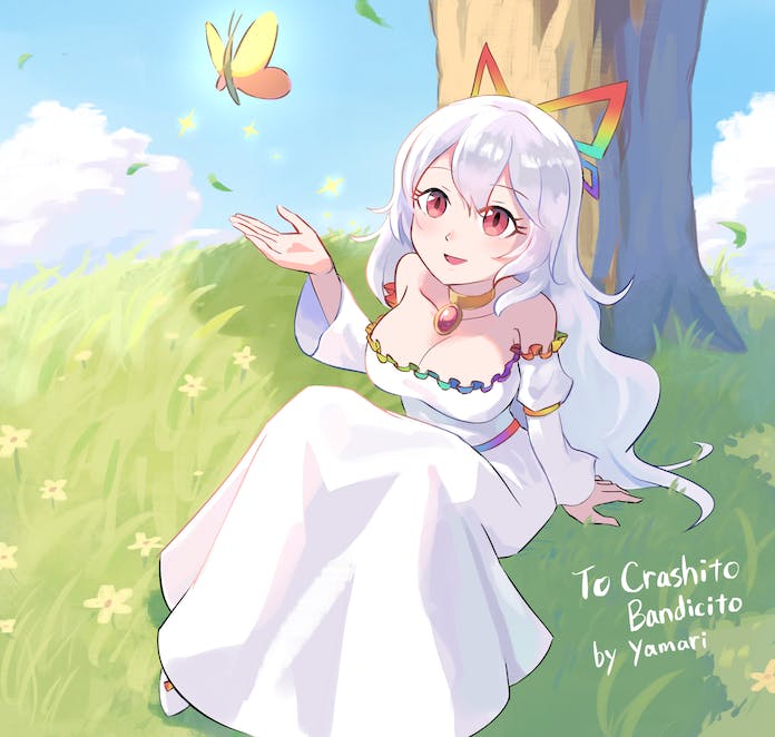 1girl bare_shoulders blue_sky breasts brooch bug butterfly cleavage commission dress drum grass instrument jewelry large_breasts long_hair necklace personification pink_eyes rainbow_gradient sitting skeb_commission sky smile super_paper_mario tippi_(paper_mario) tree white_dress white_footwear white_hair ya_mari_6363