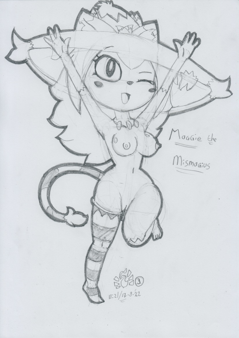 2022 anthro areola bent_leg blush bodily_fluids breasts chibi cleft_of_venus clothing felid female generation_4_pokemon genital_fluids genitals graphite_(artwork) hat headgear headwear legwear lunaris_parukia maggie_(lunaris_parukia) magic_user mammal mismagius mostly_nude navel nintendo nipples one_eye_closed open_mouth open_smile pattern_clothing pattern_legwear pattern_thigh_highs pokemon pokemon_(species) pokemorph pussy pussy_juice raised_arms smile solo standing striped_clothing striped_legwear striped_thigh_highs stripes thigh_highs traditional_media_(artwork) video_games wink witch witch_hat