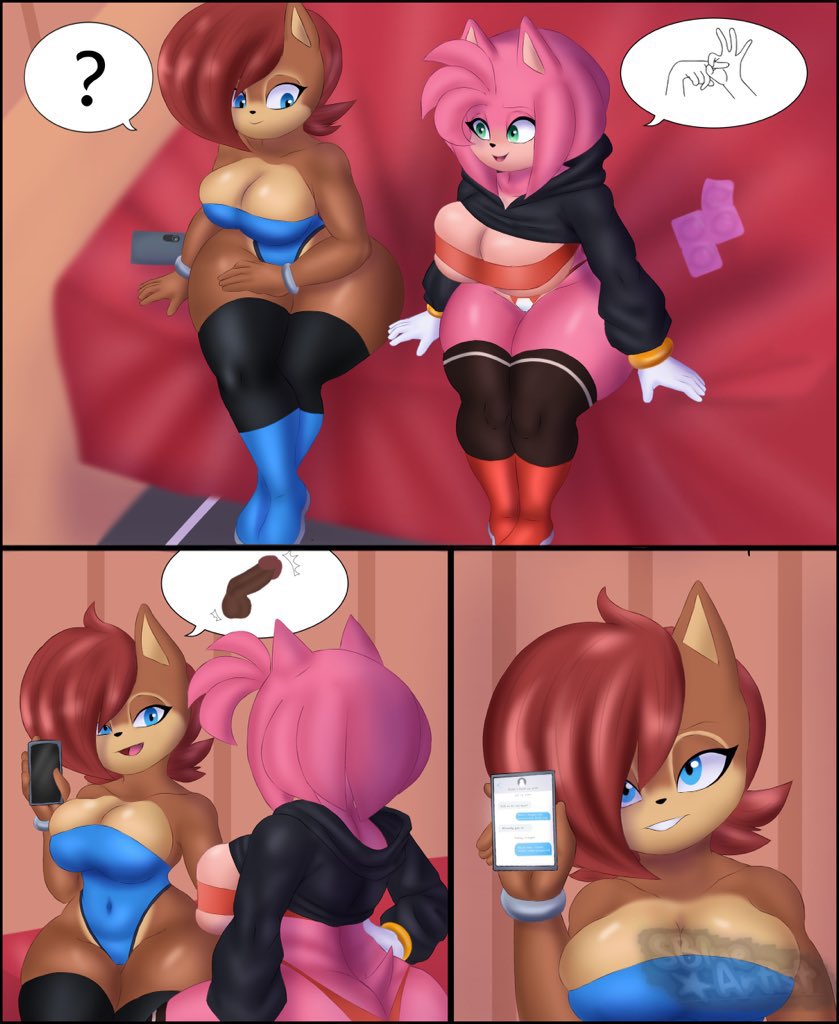 amy_rose anthro archie_comics big_breasts black_clothing blue_clothing blue_eyes boots breasts brown_body brown_fur chipmunk clothing comic condom cropped_jacket dialogue digital_media_(artwork) duo emoji eulipotyphlan female footwear fur genitals glistening glistening_body glistening_skin gloves green_eyes ground_squirrel hair handwear hedgehog hotel legwear looking_at_viewer mammal multicolored_body navel page_1 penis phone pink_body pink_fur pink_hair red_boots red_clothing red_footwear red_hair ring rodent sally_acorn sciurid sega sexual_barrier_device snowyblue1 sonic_the_hedgehog_(archie) sonic_the_hedgehog_(comics) sonic_the_hedgehog_(series) speech_bubble text texting thick_thighs thigh_highs tight_clothing two_tone_body watermark