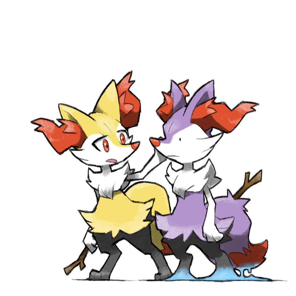 alternate_color blacknirrow braixen closed_mouth d: digitigrade ditto english_commentary frown furry holding holding_stick looking_at_another orange_eyes pokemon pokemon_(creature) shiny_pokemon simple_background slime_(substance) snout standing stick transformed_ditto white_background