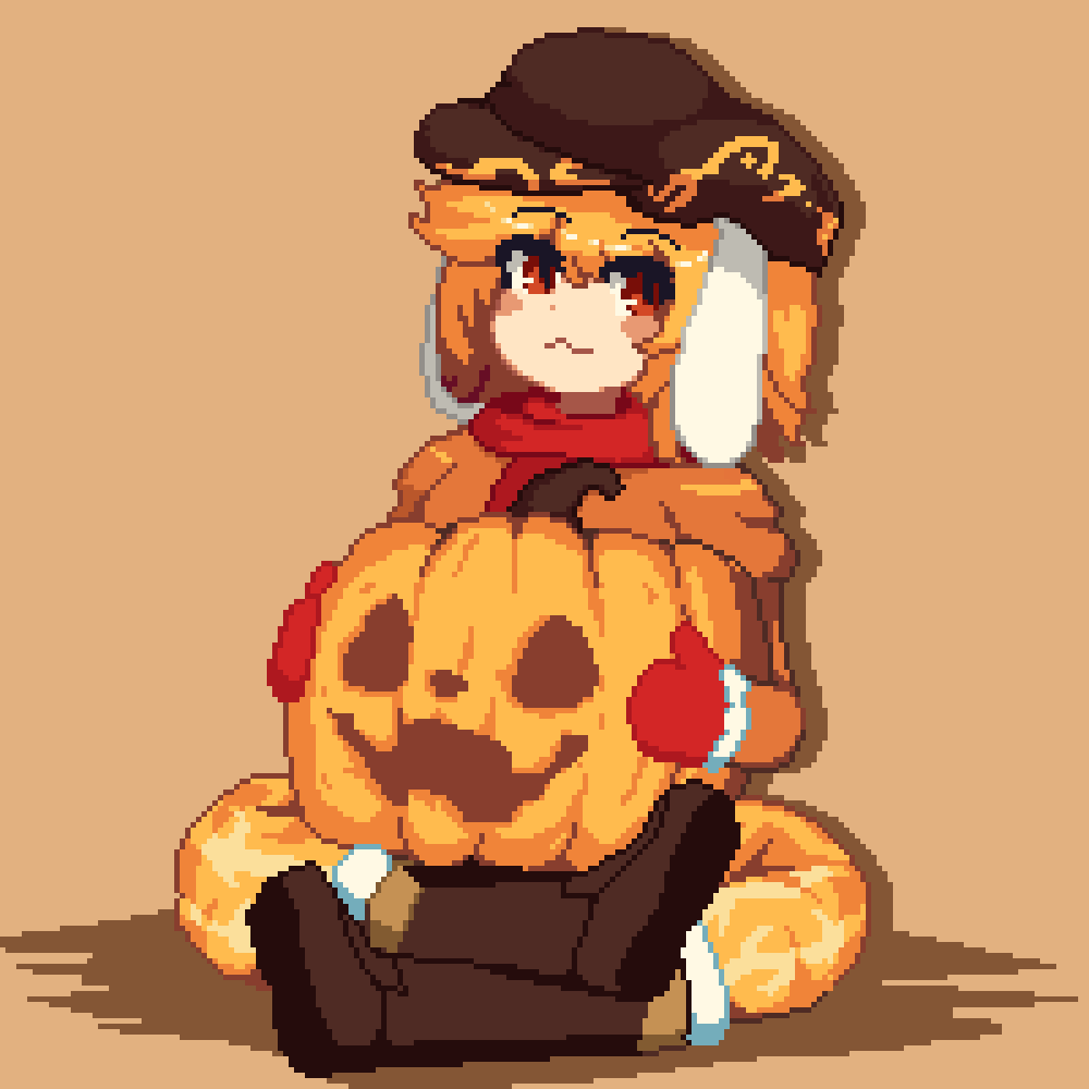 1girl :3 black_headwear blonde_hair cabbie_hat closed_mouth commentary floppy_ears full_body hat jack-o'-lantern looking_at_viewer orange_background pixel_art red_eyes red_scarf ringo_(touhou) rioku scarf short_hair simple_background sitting smile solo symbol-only_commentary touhou