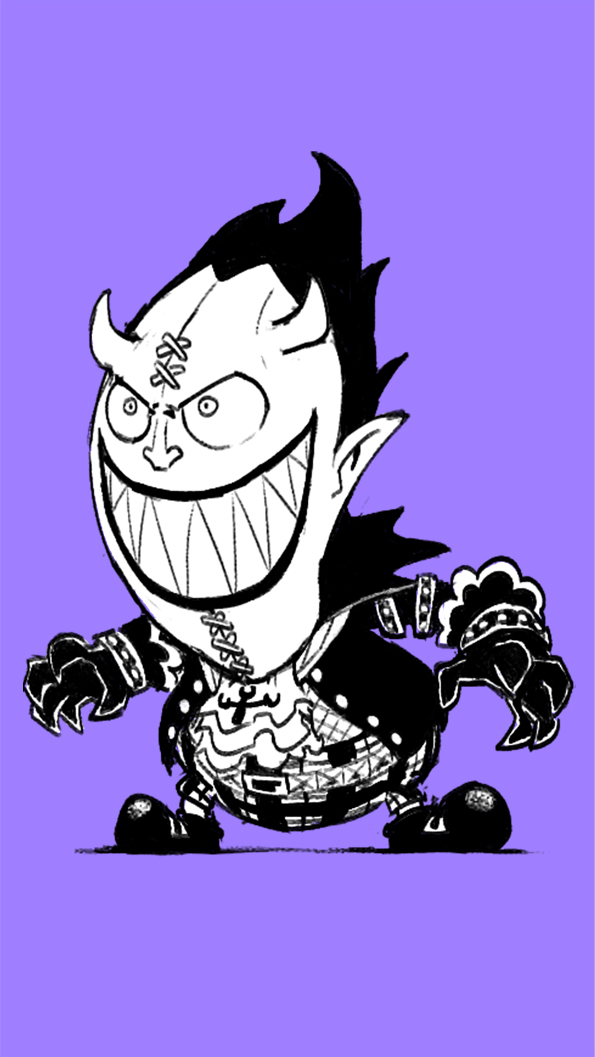 1boy ascot belt blacknirrow chibi claw_pose commentary constricted_pupils english_commentary fishnet_shirt gecko_moria gloves grin happy horns jacket long_sleeves male_focus monochrome one_piece open_clothes open_jacket pants plaid plaid_pants pointy_ears purple_background sharp_teeth shirt shoes short_hair simple_background sketch smile solo stitches teeth