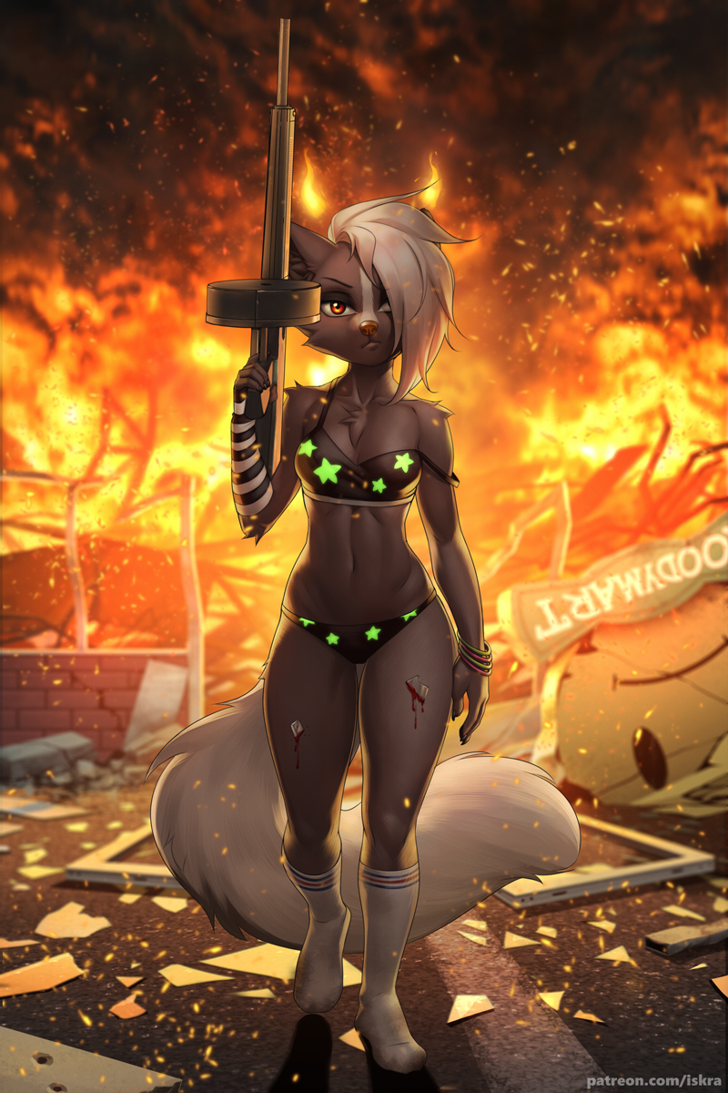 2:3 anthro biped black_body black_fur blood bodily_fluids bra broken_glass cereus93 clothed clothing collaboration detailed_background digital_media_(artwork) female fire footwear full-length_portrait fur glass gun hair hair_over_eye hi_res holding_gun holding_object holding_weapon iskra mammal mephitid off_shoulder one_eye_obstructed outside panties portrait ranged_weapon shaded skunk smoke socks solo standing text underwear url weapon white_body white_fur white_hair wounded