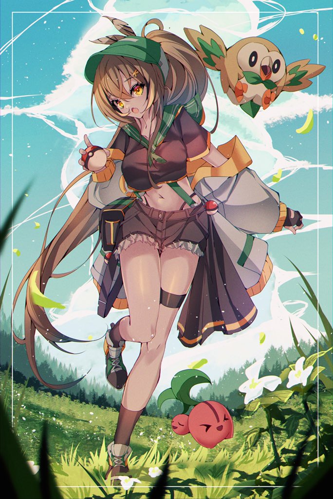 1girl 2others :o alternate_costume bangs baseball_cap black_socks brown_eyes brown_hair cherubi cloud cloudy_sky crop_top falling_petals feather_hair_ornament feathers field fingerless_gloves flower gloves grass green_headwear green_neckerchief hair_ornament hairclip hat holding holding_poke_ball hololive hololive_english jacket long_hair looking_at_viewer multicolored_hair multiple_others nanashi_mumei navel neckerchief off_shoulder petals poke_ball pokemon ponytail pouch rowlet sailor_collar shoes short_shorts shorts sky sneakers socks streaked_hair the0neulost thigh_strap two-tone_headwear very_long_hair virtual_youtuber waist_poke_ball white_headwear white_jacket