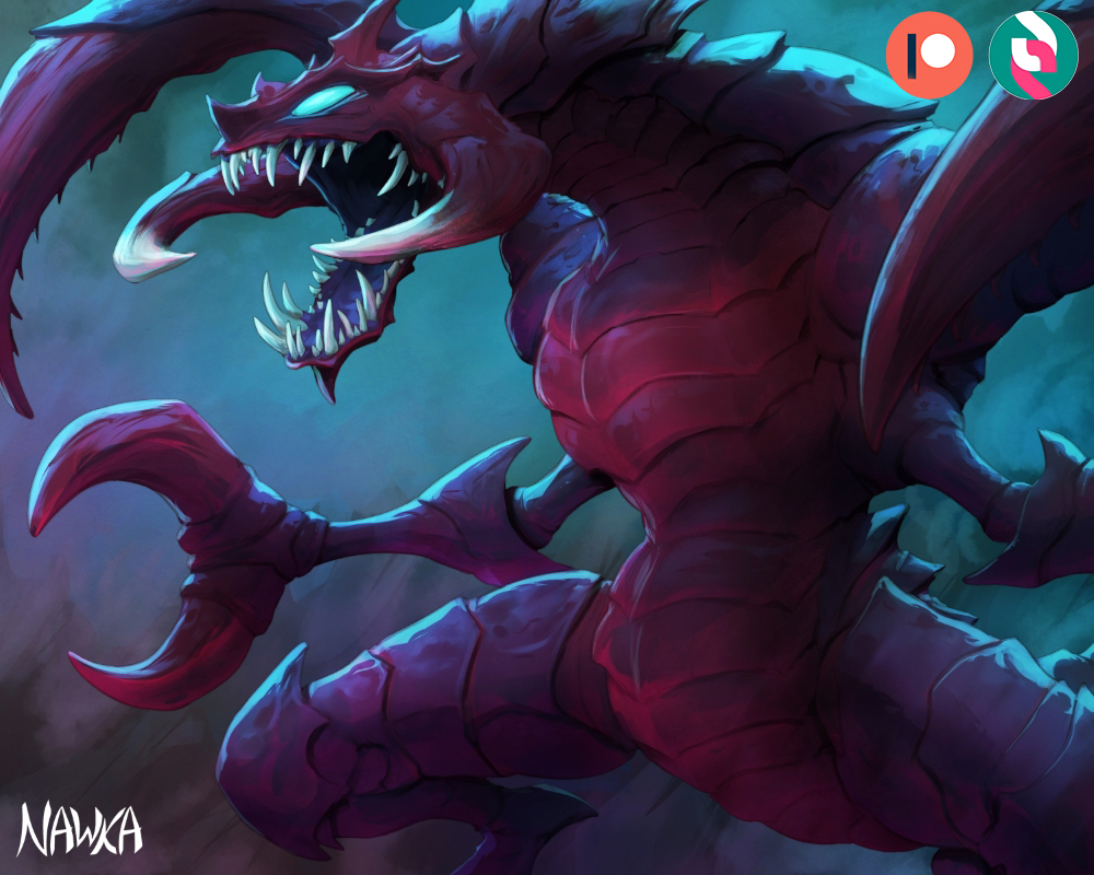 artist_name cho'gath claws colored_sclera colored_skin green_sclera league_of_legends monster nawka_(nawkaarts) no_pupils open_mouth patreon_logo red_skin sharp_teeth solo teeth