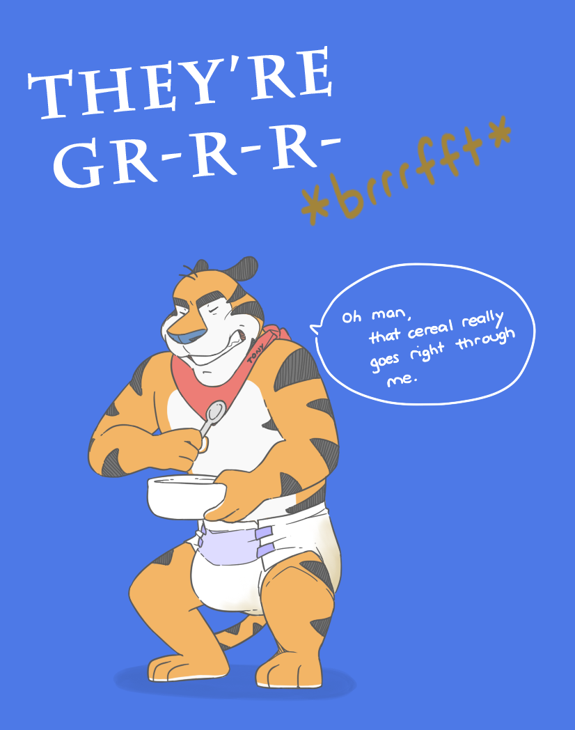anthro blue_nose diaper diaper_fetish diaper_only digital_media_(artwork) english_text feces felid frosted_flakes full_diaper fur kellogg's male mammal mascot messing messing_diaper messy messy_diaper muscular pantherine pooping scat simple_background soiled_diaper soiling soiling_diaper solo stripes text tiger tony_the_tiger tuta