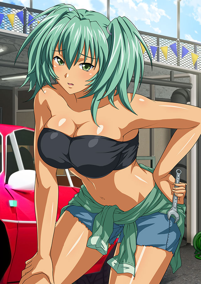 1girl ahoge alternate_costume bangs bare_arms black_bandeau collarbone day green_eyes green_hair grey_shorts hair_between_eyes hand_on_leg holding ikkitousen leaning_forward long_hair midriff navel open_mouth outdoors ryofu_housen shiny shiny_hair shiny_skin short_shorts shorts solo standing stomach strapless twintails