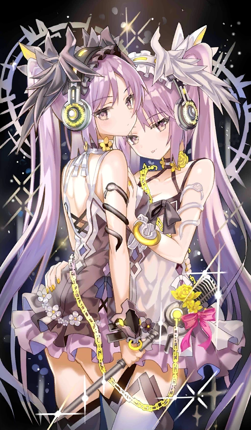 2girls :p armlet back bad_source black_dress black_feathers black_vs_white breasts cleavage commentary craft_essence_(fate) dress euryale_(fate) euryale_(twin_star_divas)_(fate) fate/grand_order fate/hollow_ataraxia fate_(series) feather_hair_ornament feathers flower from_side hair_ornament hairband hand_on_another's_arm hand_on_another's_hip headphones idol lolita_hairband long_hair looking_at_viewer looking_back microphone microphone_stand multiple_girls official_art purple_eyes purple_hair shino_(eefy) siblings sisters small_breasts snake_armband stheno_(fate) stheno_(twin_star_divas)_(fate) tongue tongue_out twins twintails very_long_hair white_dress white_feathers