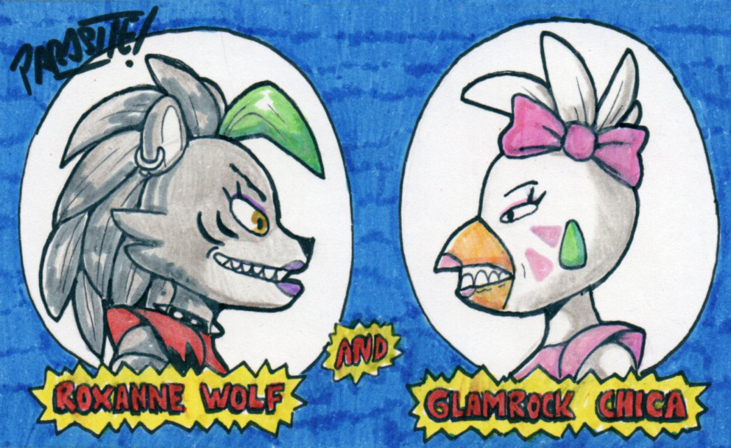 2022 accessory anthro avian beavis beavis_and_butt-head bird bow_ribbon bow_tie butt-head canid canine canis character_name chicken choker clothed clothing duo ear_piercing ear_ring fans female female/female five_nights_at_freddy's five_nights_at_freddy's:_security_breach galliform gallus_(genus) glamrock_chica_(fnaf) hair hair_accessory hair_bow hair_ribbon humor jewelry leotard long_hair mammal necklace parasitedeath parody phasianid piercing ribbons ring_piercing roxanne_wolf_(fnaf) scottgames sharp_teeth shoulder_pads side_profile side_view signature simple_background teeth text toony traditional_media_(artwork) underbite video_games wolf
