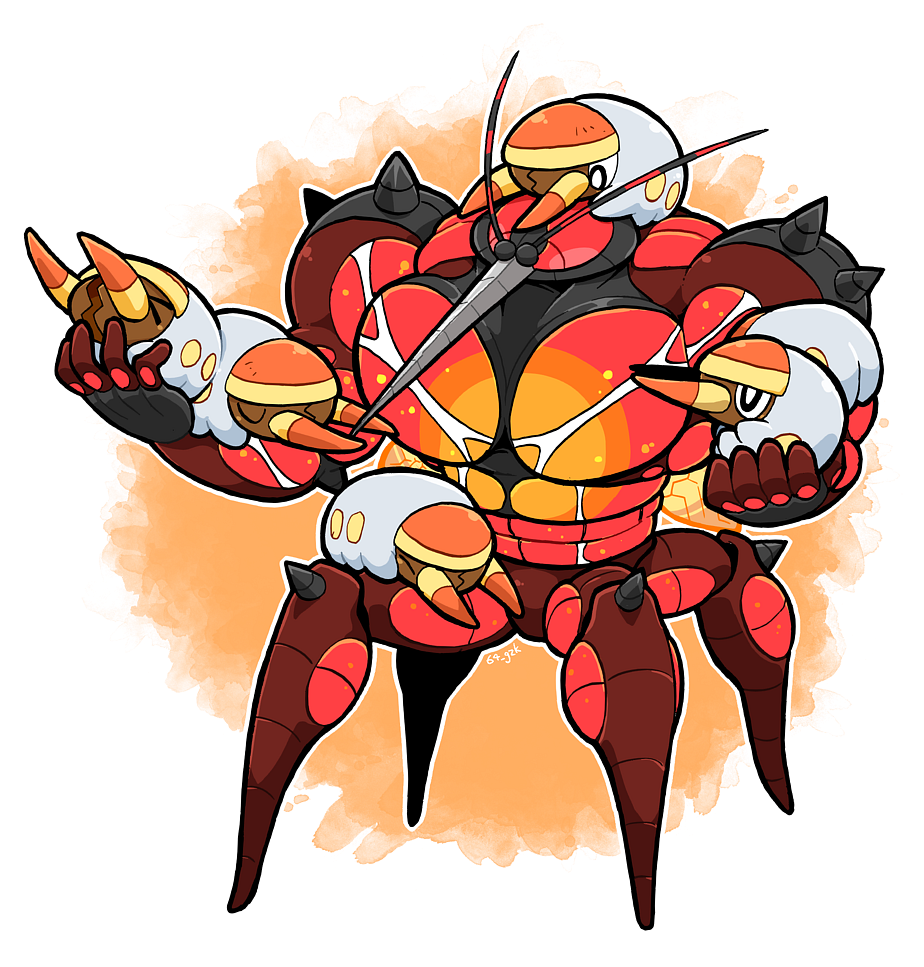 &gt;_&lt; antennae bug buzzwole closed_eyes english_commentary full_body grubbin holding holding_pokemon insect_wings kgym774 muscular no_humans on_head pokemon pokemon_(creature) pokemon_on_head signature simple_background spikes wings