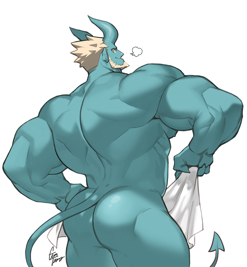 beard big_muscles breath butt demon demon_humanoid facial_hair gomtang hair holding_object holding_towel horn horned_humanoid humanoid looking_back male muscular muscular_humanoid muscular_male not_furry nude rear_view simple_background solo spade_tail towel white_background white_hair