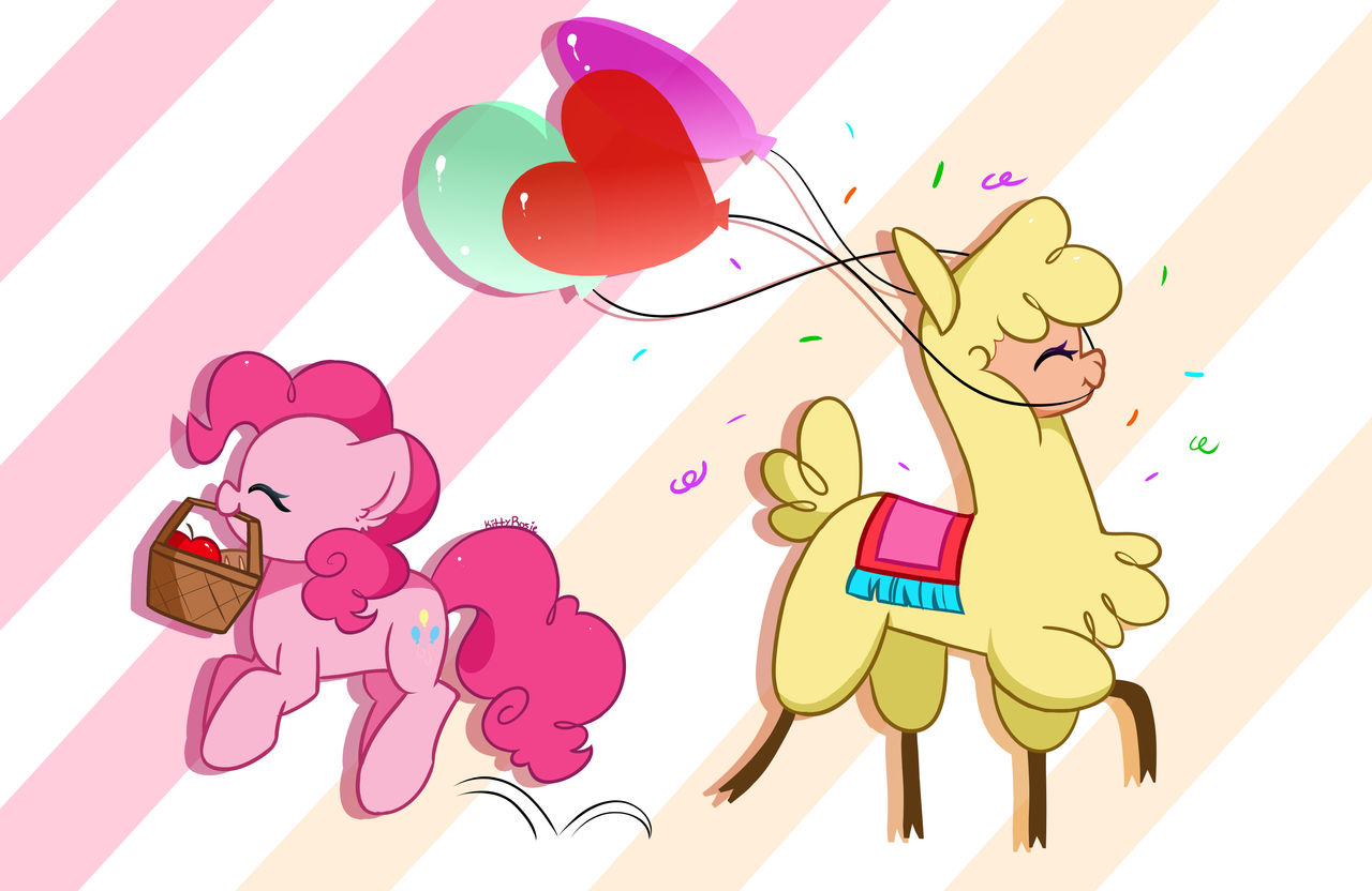 2022 alpaca apple balloon basket bread camelid chest_tuft container cutie_mark digital_media_(artwork) duo earth_pony equid equine female feral food friendship_is_magic fur hair hasbro hooves horse inflatable jumping kittyrosie mammal mouth_hold my_little_pony paprika_paca_(tfh) pink_body pink_hair pink_tail pinkie_pie_(mlp) pony small_tail them's_fightin'_herds tuft wool_(fur) yellow_body yellow_fur