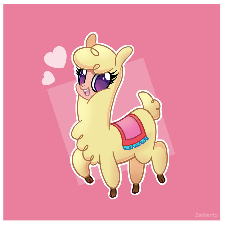 &lt;3 alpaca border brown_hooves camelid eyelashes female feral fur happy hooves mammal paprika_paca_(tfh) pink_background purple_eyes simple_background small_tail smile solo them's_fightin'_herds white_border wool_(fur) yellow_body yellow_fur zailartx