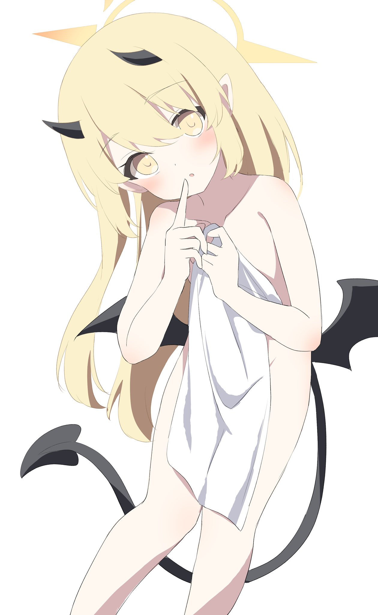 1girl black_horns black_tail black_wings blonde_hair blue_archive blush covering demon_horns demon_tail demon_wings feet_out_of_frame hair_between_eyes halo highres holding holding_towel horns ibuki_(blue_archive) long_hair looking_at_viewer low_wings nude_cover petite pointy_ears simple_background solo tail towel utyuueituu white_background wings yellow_eyes