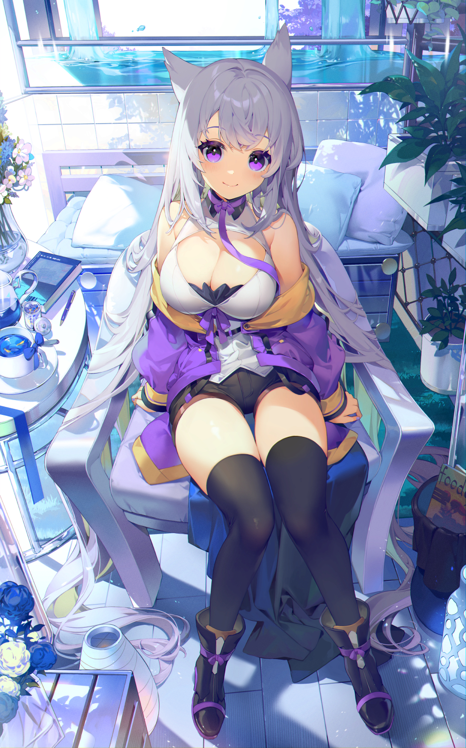 1girl absurdly_long_hair akizone animal_ears bangs bare_shoulders black_footwear black_shorts black_thighhighs blue_bow blue_flower blue_ribbon blue_rose book boots bow bowtie breasts chair cleavage cleavage_cutout closed_mouth clothing_cutout commentary crate cup cushion drink english_commentary flower fox_ears full_body grass grey_hair highres indoors jacket knees_together_feet_apart large_breasts leaf legs long_hair long_sleeves looking_at_viewer multicolored_clothes multicolored_jacket off_shoulder on_chair open_clothes open_jacket original pen pillow plant potted_plant purple_bow purple_bowtie purple_eyes purple_jacket purple_ribbon ribbon rose saucer shirt short_shorts shorts sidelocks sitting sleeveless sleeveless_shirt smile solo teacup thighhighs thighs tile_floor tile_wall tiles two-tone_jacket vase very_long_hair water white_flower white_rose white_shirt