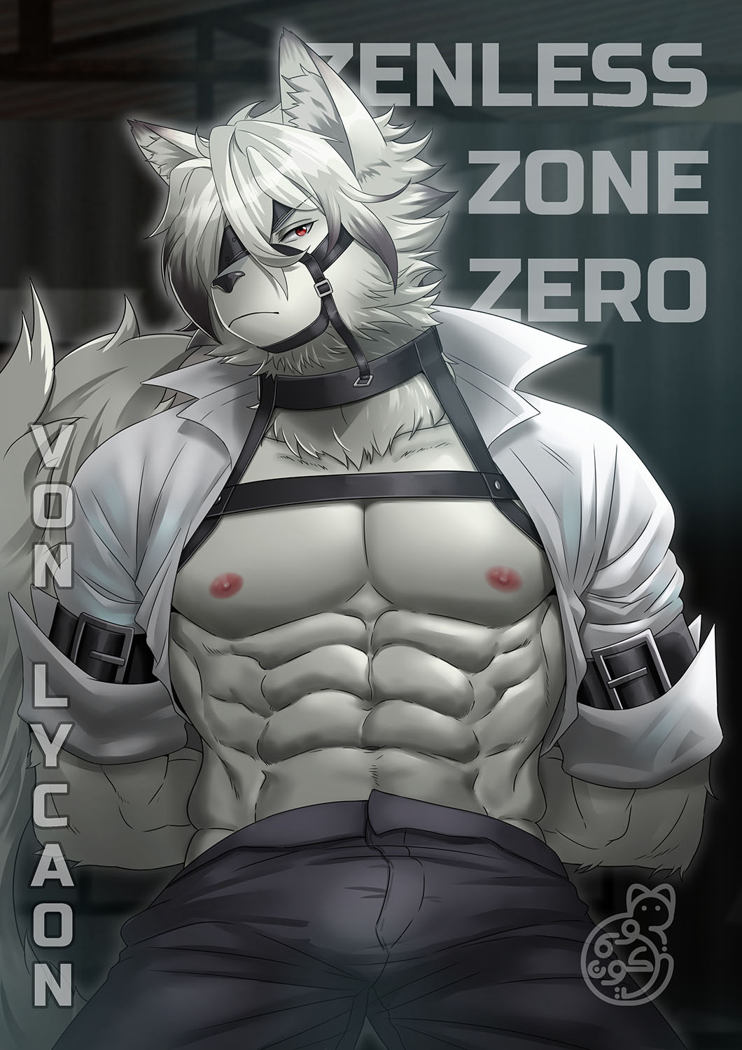 anthro bare_chest bayoukun black_bottomwear black_clothing black_pants bottomwear butler canid canine canis clothing fur harness hi_res male mammal mihoyo muscular muscular_anthro muscular_male name_in_background pants red_eyes sitting title video_games von_lycaon watermark white_body white_fur wolf zenless_zone_zero