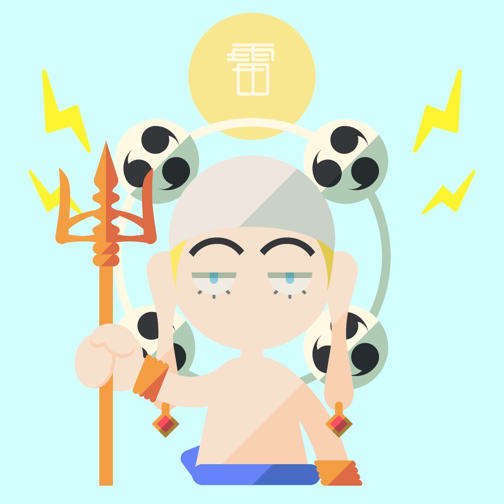 1boy arm_up bandana blonde_hair blue_background blue_eyes chibi commentary cropped_torso earrings electricity enel english_commentary grey_headwear half-closed_eyes holding_trident jewelry lightning_bolt_symbol long_earlobes looking_at_viewer male_focus minimalism mitsudomoe_(shape) no_lineart no_mouth one_piece polearm sasamiman short_hair solo straight-on tomoe_(symbol) topless_male translation_request trident upper_body weapon wristband