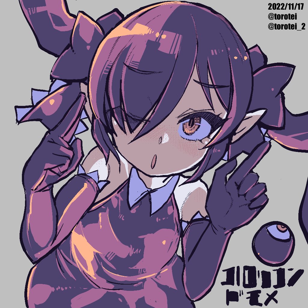 1girl artist_name backbeako black_dress black_gloves black_ribbon commentary dated dress elbow_gloves eyes_visible_through_hair facing_viewer gegege_no_kitarou gloves grey_background hair_over_one_eye hair_ribbon kono_lolicon_domome long_hair looking_at_viewer one_eye_closed open_mouth original pointing pointing_up pointy_ears red_eyes ribbon simple_background sleeveless sleeveless_dress solo symbol-only_commentary torotei translated twintails twitter_username