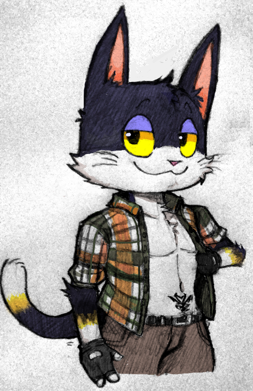 animal_crossing anthro belt black_and_white_fur bottomwear clothed clothing domestic_cat felid feline felis gloves half-closed_eyes handwear head_tuft hi_res holding_clothing holding_object looking_at_viewer male mammal multicolored_body narrowed_eyes navel neck_tuft nintendo open_clothing open_shirt open_topwear pants pattern_clothing presenting punchy_(animal_crossing) rhonbon shirt smile solo topwear tuft video_games whiskers womb_tattoo yellow_sclera