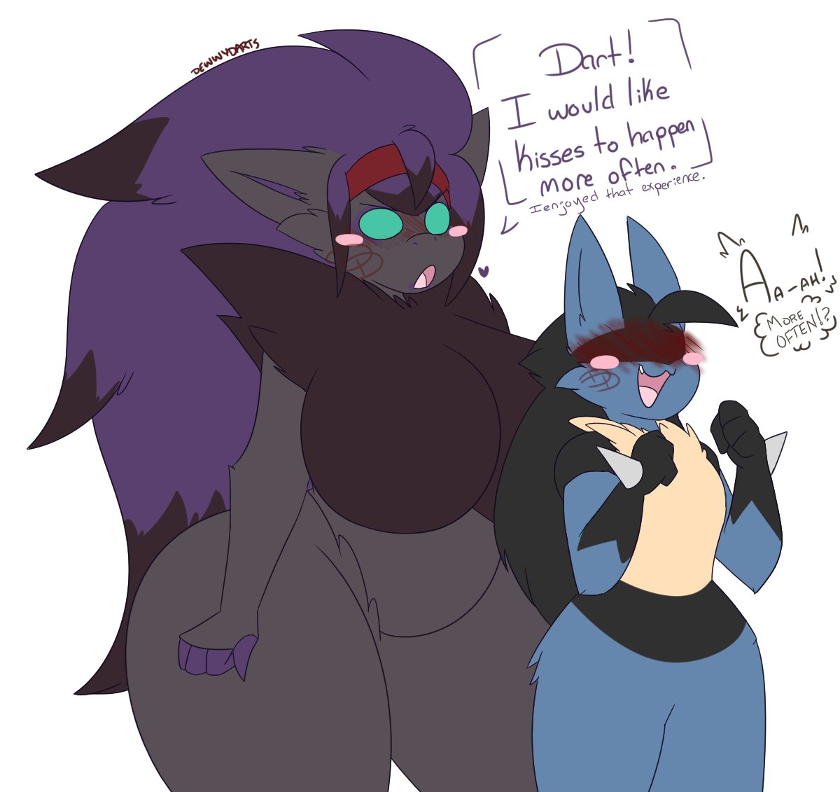 2020 accessory after_kiss anthro big_breasts black_body black_fur black_hair black_highlights blue_body blue_fur blush blush_stickers breasts dart_(dewwydarts) dewwydarts dialogue duo featureless_breasts featureless_crotch female fur generation_4_pokemon generation_5_pokemon gloves_(marking) grey_body grey_fur hair happy headband highlights_(coloring) larger_female long_hair lucario male markings multicolored_body multicolored_fur multicolored_hair nea_(dewwydarts) nintendo nude open_mouth pokemon pokemon_(species) purple_hair purple_inner_ear red_headband shoulder_tuft simple_background simple_eyes size_difference slightly_chubby slightly_chubby_anthro slightly_chubby_female smaller_male spikes spikes_(anatomy) standing tan_body tan_fur teal_eyes thick_thighs tuft two_tone_hair video_games white_background wide_hips zoroark