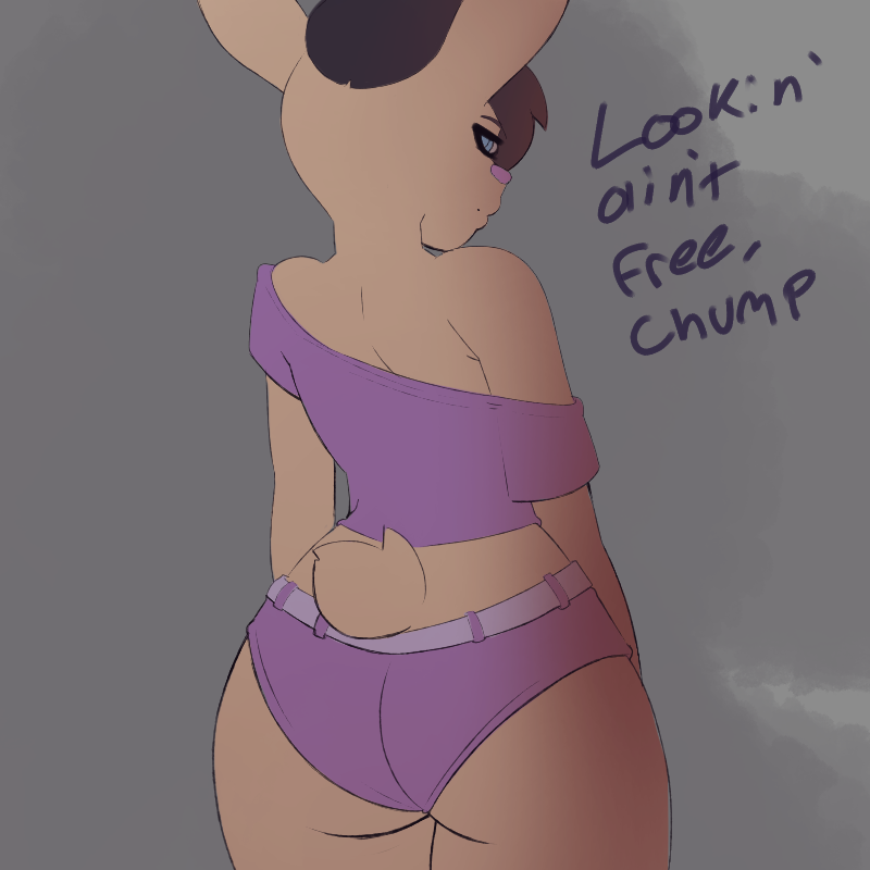 1:1 anthro big_butt bottomwear boy_shorts butt clothed clothing corruption fur grey_hair hair hotpants jayce_(paramour) lagomorph leporid male mammal off_shoulder paramour_(artist) pink_clothing rabbit shirt shorts solo solo_focus tail_tuft topwear tuft underwear yellow_body yellow_fur