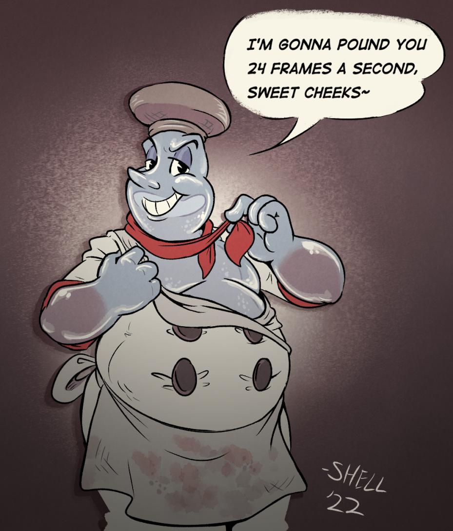 apron chef_saltbaker chef_uniform clothing clothing_removal dialogue dialogue_speech_bubble dirty_talk english_text humanoid male not_furry overweight overweight_male red_clothing shellyochunks smiling_at_you solo text translucent translucent_body white_clothing