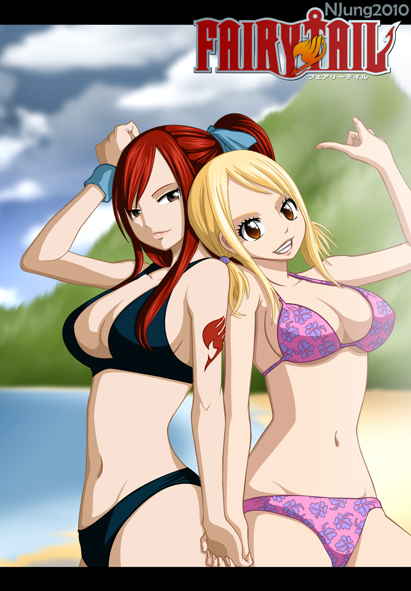2girls bikini breasts cleavage erza_scarlet fairy_tail fan_colored highres lucy_heartfilia multiple_girls smile swimsuit vector_trace yuri