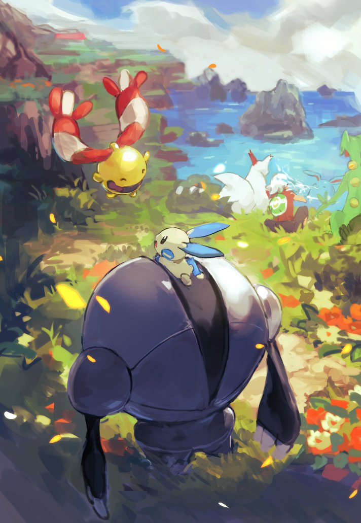 1boy azumarill backpack bag beanie brendan_(pokemon) chingling cloud day falling_petals flower grass green_bag hat male_focus maumaujanken minun orange_flower outdoors pants petals pokemon pokemon_(creature) pokemon_(game) pokemon_oras registeel sceptile shirt short_sleeves sitting sky water white_headwear zangoose