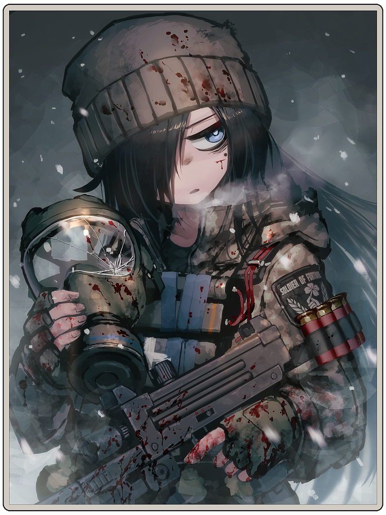 1girl beanie black_hair blood blood_on_clothes blood_on_weapon blue_eyes breath brown_headwear brown_jacket camouflage camouflage_jacket dairoku_ryouhei dated_commentary dynamite eight_wimp english_text explosive fingerless_gloves gas_mask gloves green_gloves gun hat hetza_(hellshock) holding holding_weapon jacket long_hair mask mole mole_under_eye one_eye_covered shotgun_shell snow solo submachine_gun upper_body weapon