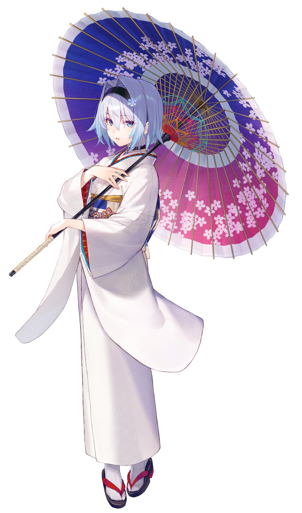 1girl bangs blue_eyes blue_hair choker full_body hair_intakes hair_ornament hairband highres holding holding_umbrella japanese_clothes kimono long_sleeves looking_at_viewer obi oil-paper_umbrella ryuuou_no_oshigoto! sash shirabi short_hair sidelocks simple_background snowflake_hair_ornament socks solo sora_ginko tabi umbrella white_background white_kimono white_socks wide_sleeves zouri