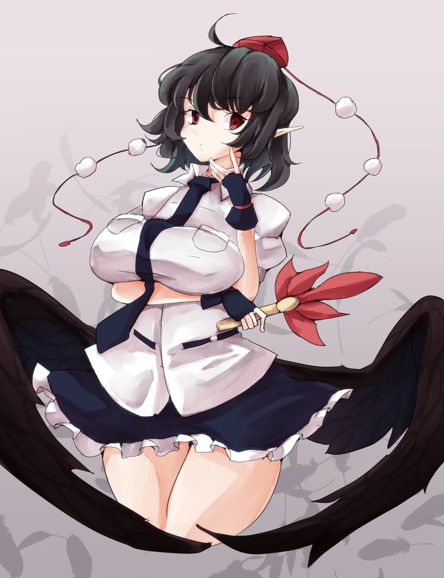 1girl arm_under_breasts bird_wings black_gloves black_hair black_necktie black_skirt black_wings breasts closed_mouth collared_shirt cropped_legs feathers fingerless_gloves frilled_skirt frills gloves gradient gradient_background hand_fan hat hauchiwa holding holding_fan jyaoh0731 large_breasts leaf-pattern_stripe looking_at_viewer necktie pointy_ears pom_pom_(clothes) red_eyes red_headwear shameimaru_aya shirt short_hair short_sleeves skirt solo tokin_hat touhou white_background wings